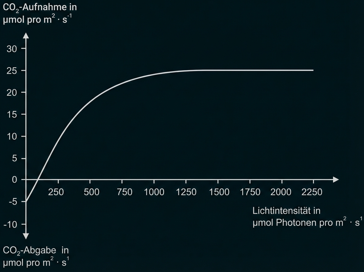 CO2-Aufnahme steigt mit Lichtintensität und erreicht ein Plateau bei etwa 25 µmol·m⁻²·s⁻¹.